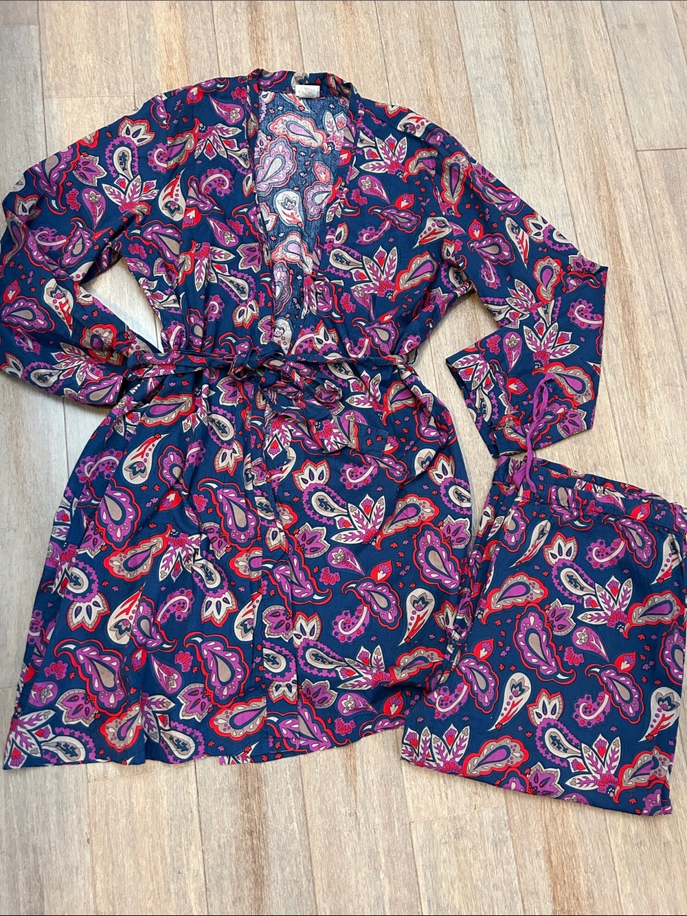 All For Color Navy Paisley Satin Robe and Pants Set - Pink, Purple, Red XL set